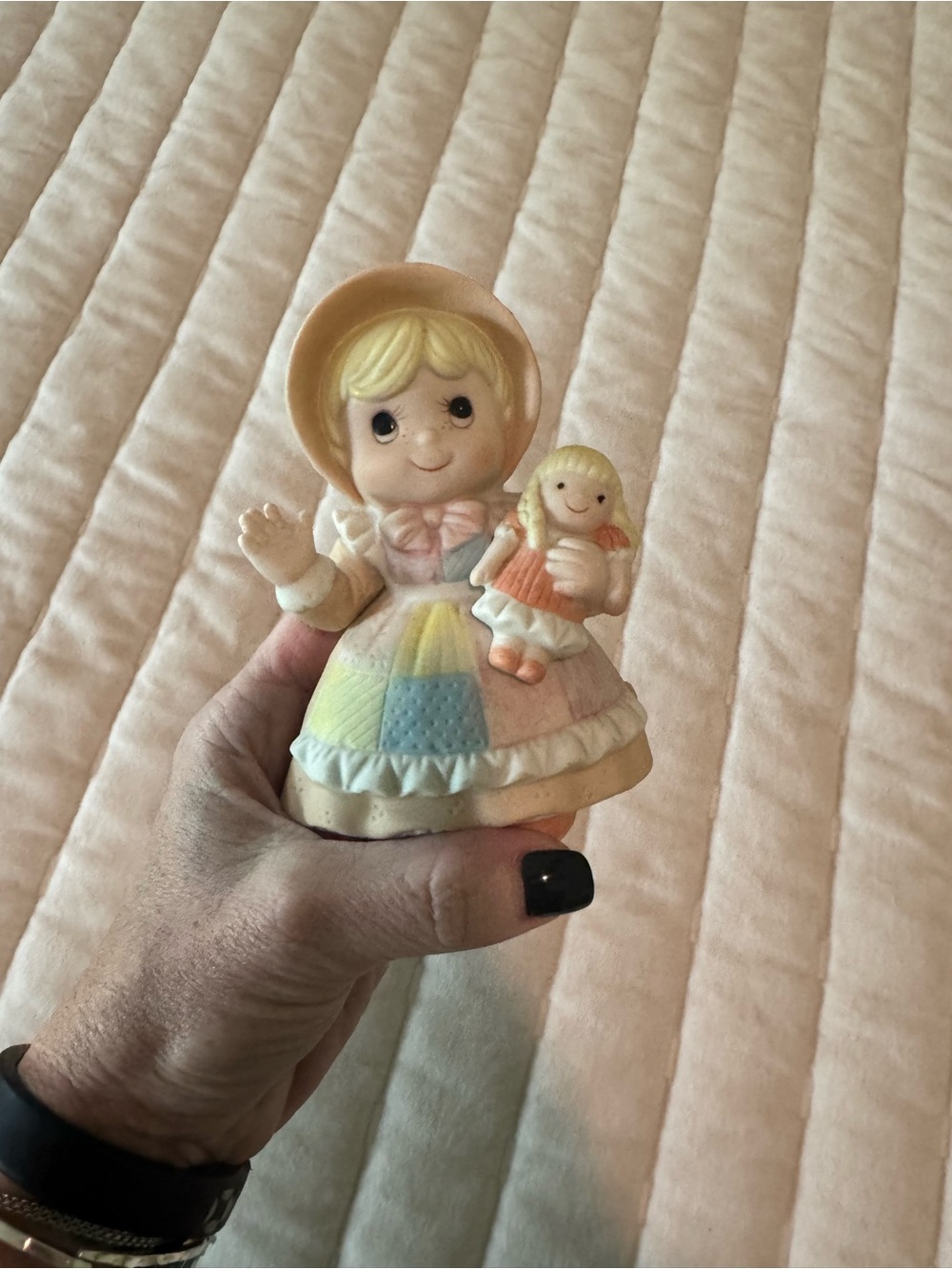 Vintage Pastel Patchwork Girl Figurine Toy - Pink, Yellow & Blue